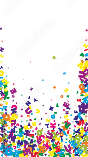 Falling letters of English language. Bright flying words of Latin alphabet. Foreign languages study concept. Symmetrical back to school banner on white background.