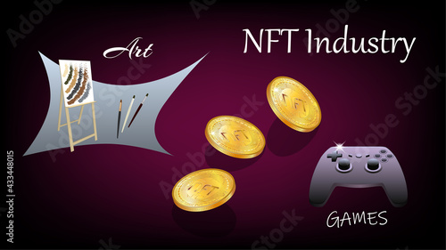 Banner of non-fungible NFT tokens in art and gaming industry with easel and console gamepad with isometric falling coins. Pay for unique collectibles in games or art. Vector illustration.