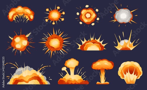 Cartoon explosions. Atomic mushroom cloud, bomb explosion effect, fire blast smoke, dynamite detonation. Explosive burst, comic boom effects vector set. Bright nuclear bomb exploding