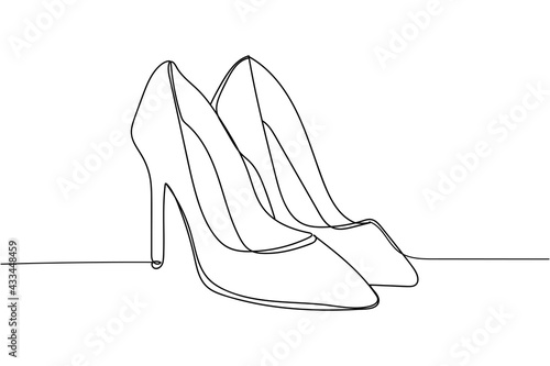 Continuous one line of women shoes in silhouette. Linear stylized. Minimal style.