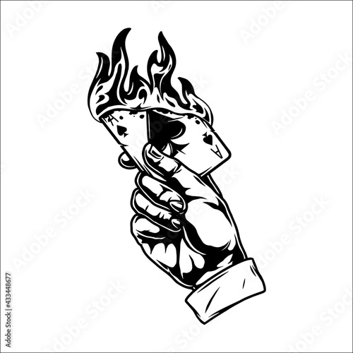 Hand with burning ace of spades card