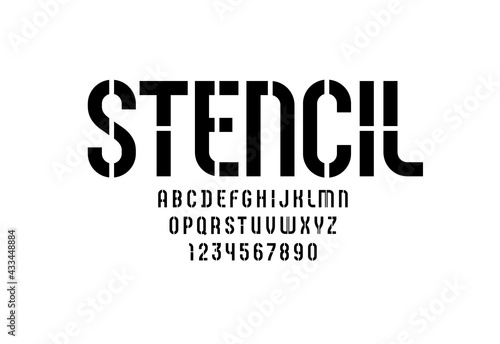 Futuristic black font, stencil alphabet, modern geometric modular letters and numbers, vector illustration 10EPS
