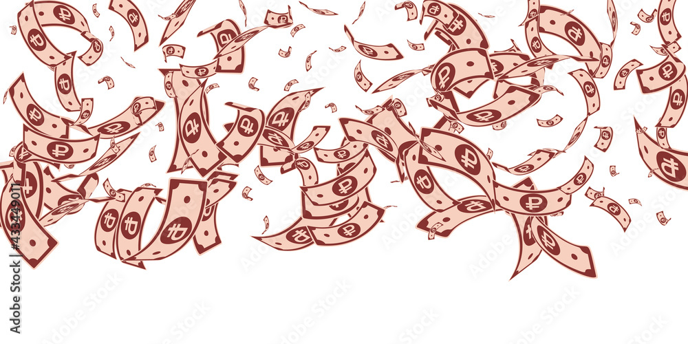 Russian ruble notes falling. Random RUB bills on w Russian ruble notes falling. Random RUB bills on w