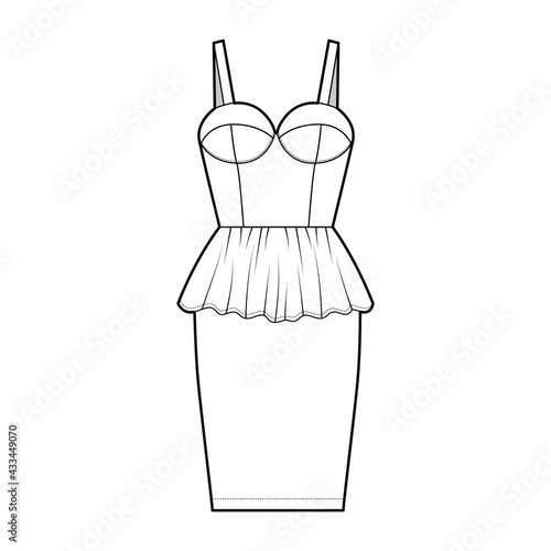 Peplum bustier dress technical fashion illustration with shoulder straps, cups, fitted body, knee length skirt. Flat apparel garment front, white color style. Women, men unisex CAD mockup