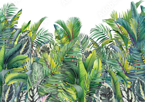 Watercolor wall art border with green tropical foliage. © JeannaDraw