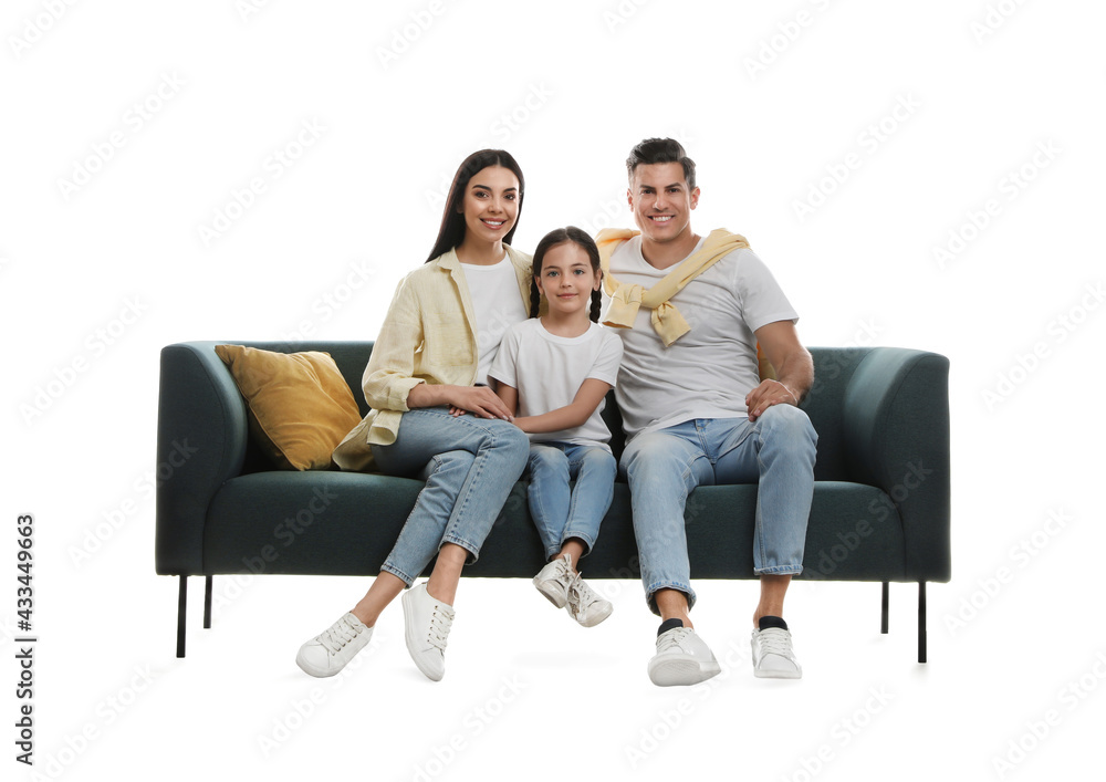 Happy family resting on comfortable green sofa against white background Happy family resting on comfortable green sofa against white background