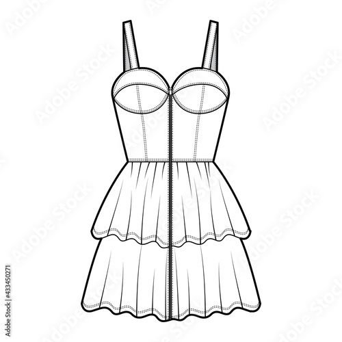 Zip-up bustier dress technical fashion illustration with shoulder straps, fitted body, 2 row mini length ruffle tiered skirt. Flat apparel front, white color style. Women, men unisex CAD mockup