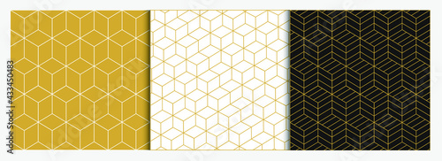Collection of simple geometric seamless patterns in golden, white and black colours . Vector illustration