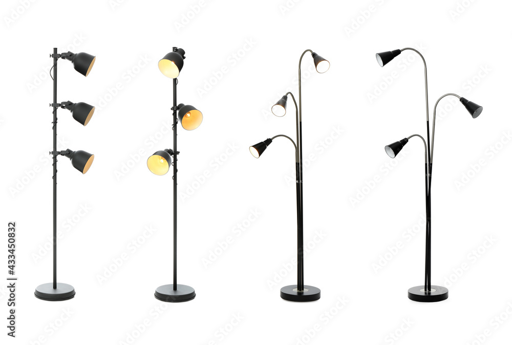 Set with different stylish floor lamps on white background Set with different stylish floor lamps on white background