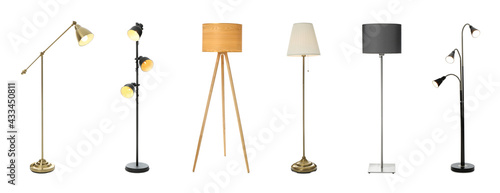 Φωτογραφία Set with different stylish floor lamps on white background