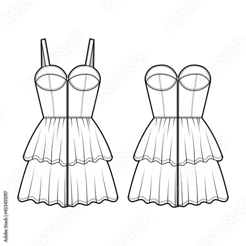Set of dresses Zip-up denim bustier technical fashion illustration with strapless, fitted body, knee mini length ruffle tiered skirt. Flat apparel front, white color style. Women men unisex CAD mockup