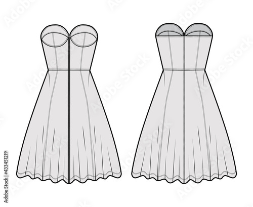 Zip-up dress bustier denim technical fashion illustration with sleeveless, strapless, fitted body, knee length A-line skirt. Flat apparel front, back, grey color style. Women, men unisex CAD mockup