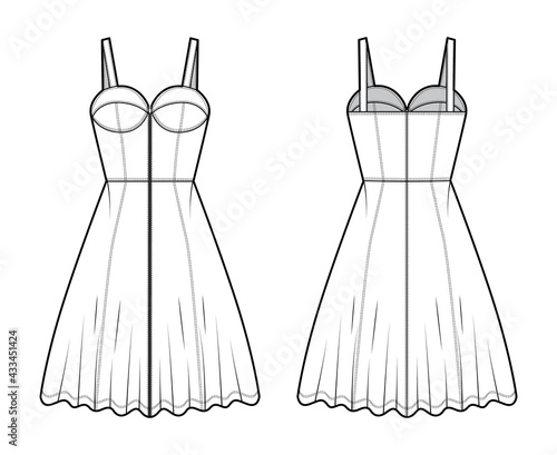 Zip-up dress denim bustier technical fashion illustration with sleeveless, fitted body, knee length A-line skirt. Flat apparel front, back, white color style. Women, men unisex CAD mockup