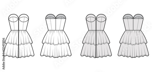 Zip-up bustier dress technical fashion illustration with strapless, fitted body, 2 row mini length ruffle tiered skirt. Flat apparel front, back, white grey color style. Women, men unisex CAD mockup