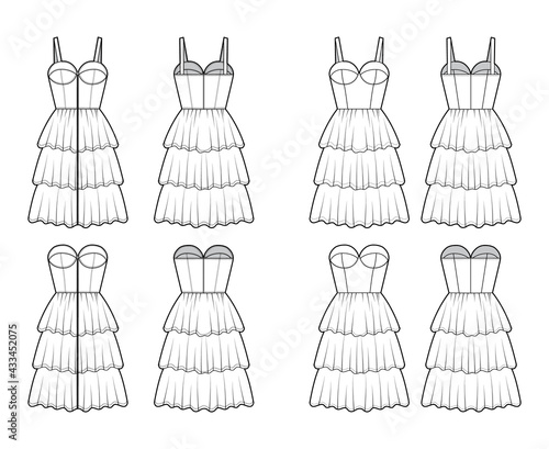 Set of dresses Zip-up bustier technical fashion illustration with sleeveless, strapless, fitted body, knee length ruffle tiered skirt. Flat apparel front, back, white color. Women, unisex CAD mockup
