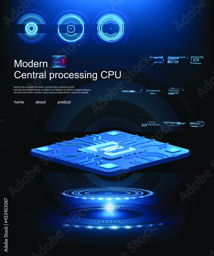 Powerful Processor for Computer motherboard. Presentation microprocessor of the future on holographic panel HUD interface. Concept banner