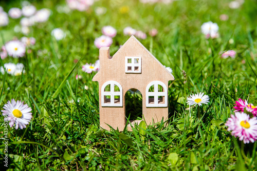 The symbol of the house stands among white daisies 