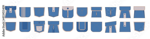 Light blue jeans patch pocket set with pink frill. Casual fashion denim and ruffle sign. Beige stitch on back pants.