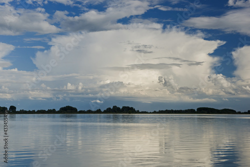 Reflecting the large rain cloud in a lake after a storm 