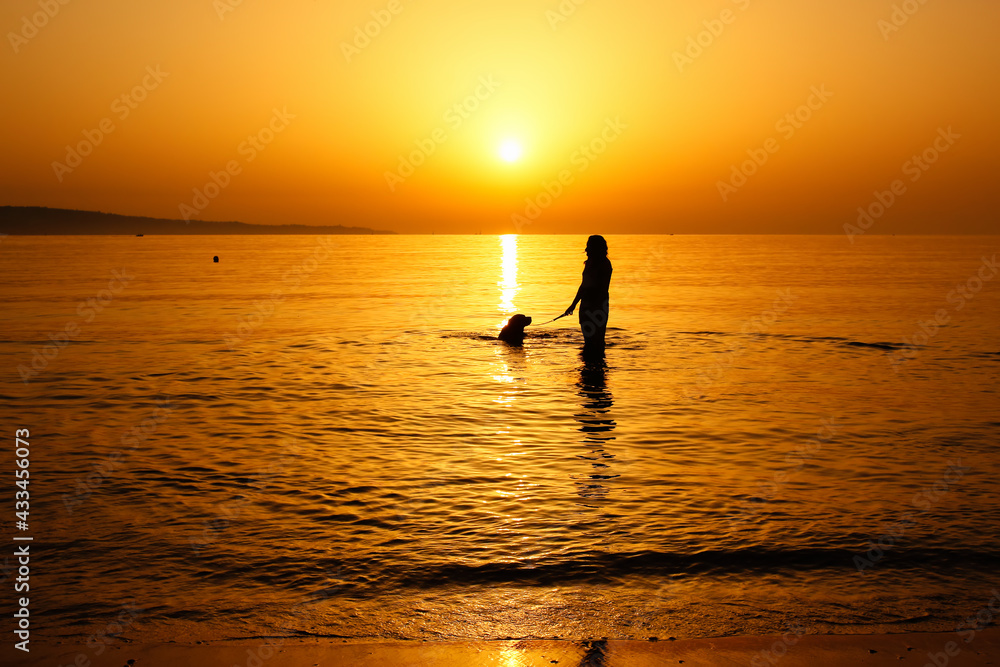 Tranquil scene with the silhouette of a woman and her dog having bathe in the sea during beautiful summer sunrise