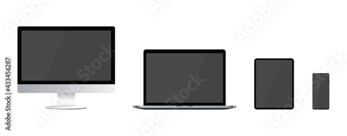 Communication devices isolated on transparent background. Laptop, phone, monitor, graphic tablet template vector illustration. Mock ups of gadgets with screen.