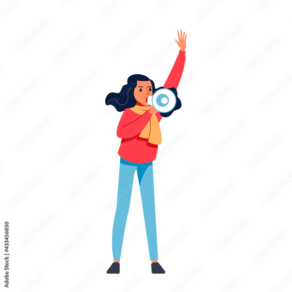 Female activist shouting on a megaphone. Young woman with raised hand shouting through loudspeaker while being on protest. Cartoon flat style character vector illustration isolated on white Female activist shouting on a megaphone. Young woman with raised hand shouting through loudspeaker while being on protest. Cartoon flat style character vector illustration isolated on white