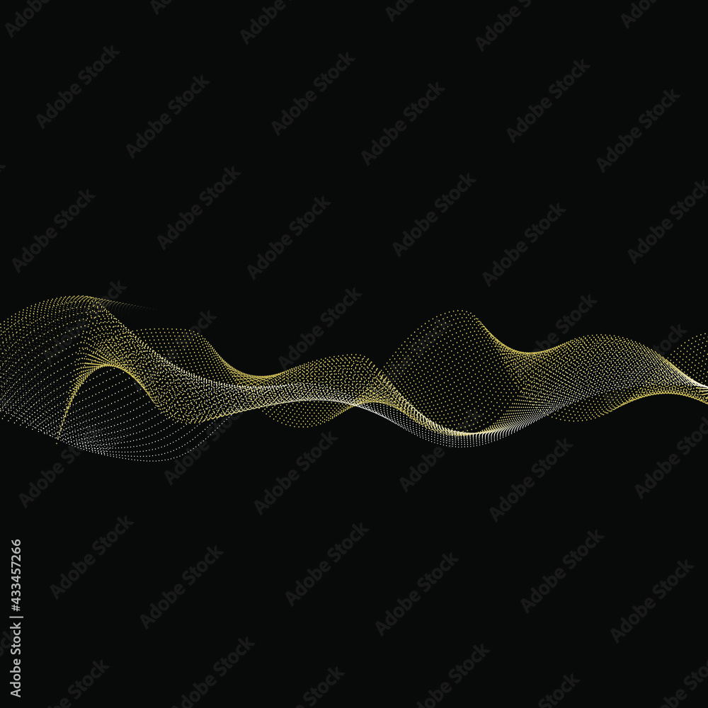Graphic drawing, design, wave of colored dots and lines. Modern. On a black background.