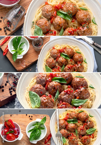 Collage of meatballs with tomato sauce and spaghetti. Authentic Italian recipe.