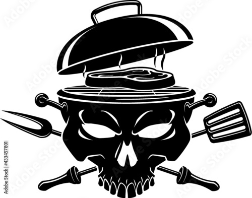 human skull barbecue grill with crossed fork and spatula
