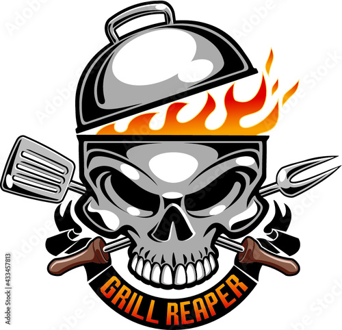 human skull barbecue grill with crossed fork and spatula