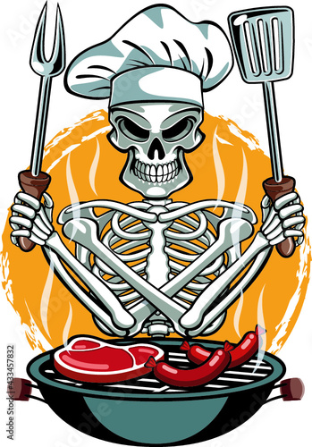 human skeleton barbecue grilling holding fork and spatula