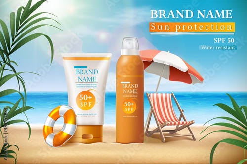 Vector summer sunscreen protection banner with sunscreen bottles and the sunbed under umbrella with sunbeams and tropical leaves. 