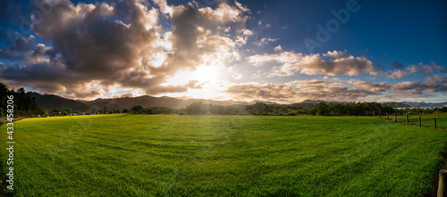Sunset panorama on green summer field with beautiful sky