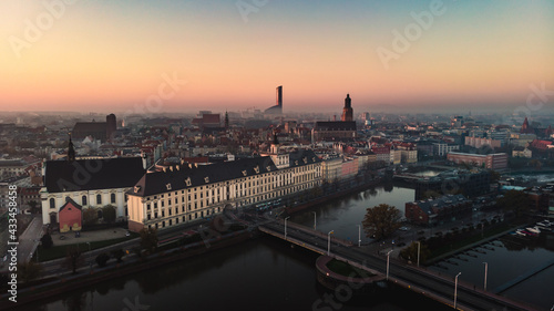 Drone aerial view of Wroclaw, Poland. University, Old Town. Sky Tower skyscrapper in the background.
