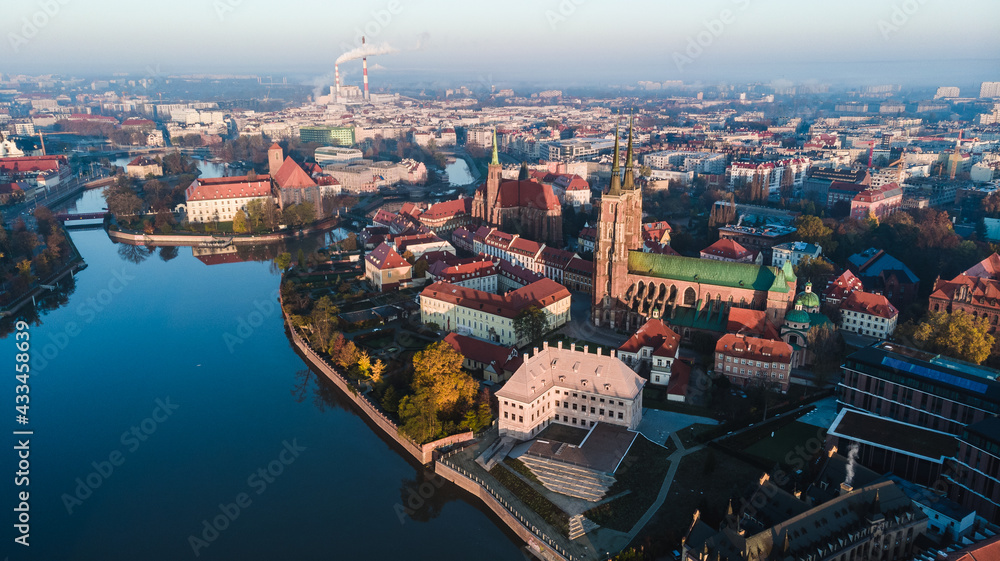 Drone aerial view of Wroclaw, Poland. Tumski spears with cathedral.