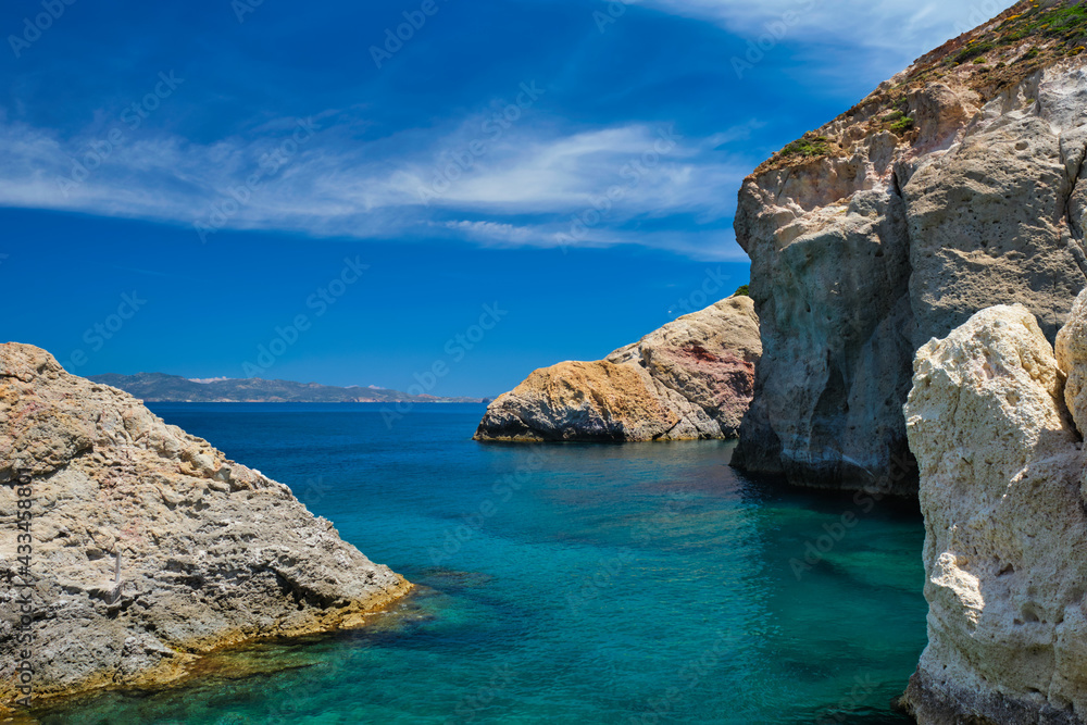 View of Aegean sea with rocks. Milos island, Greece