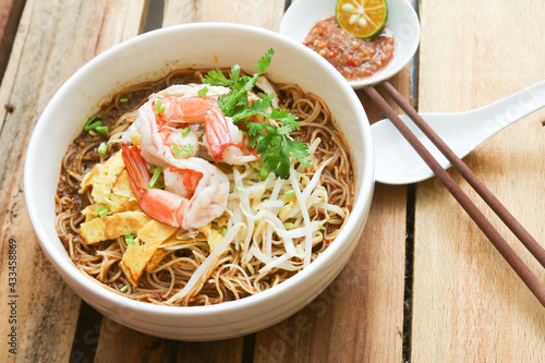 Bowl of Sarawak Laksa, a polular local dish in Sarawak, Malaysia