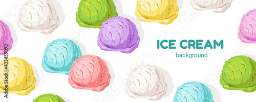 Ice cream background.Colorful scoops of different flavors: chocolate, strawberry, vanilla.Tasty summer dessert.Vector illustration of seasonal healthy food for takeout.Can use for banner, menu design.