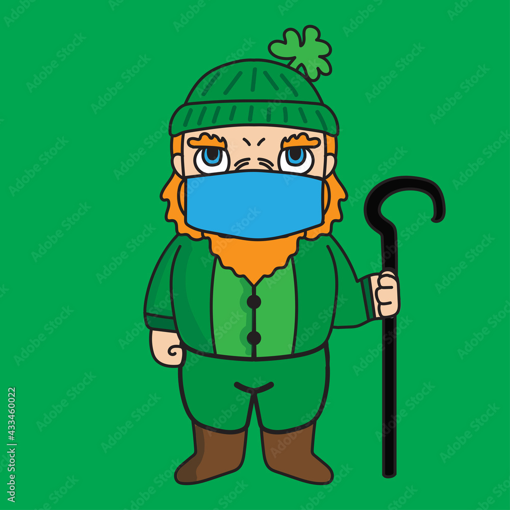 St patrick's dwarf mascot cartoon character illustration in a pose holding a cane and wearing a medical mask St patrick's dwarf mascot cartoon character illustration in a pose holding a cane and wearing a medical mask