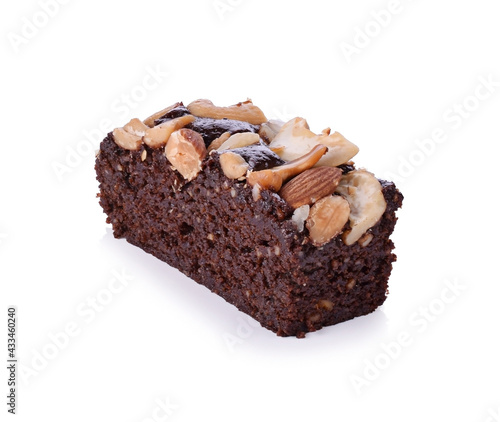 Chocolate brownie with almond on white background.