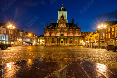 Delft Market Square Markt in the evening. Delfth, Netherlands