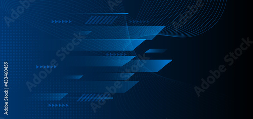 Abstract banner design template blue geometric lines overlapping movement on dark background.