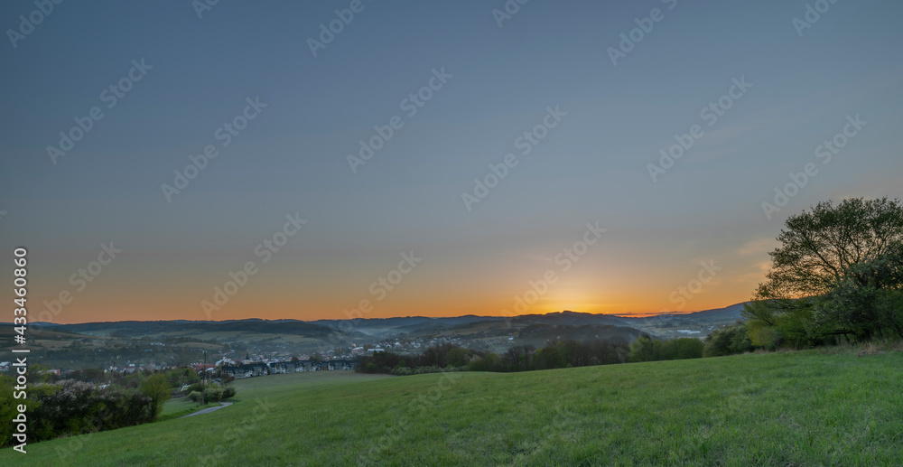 Vizovice town with sunrise of orange sun and fresh color air