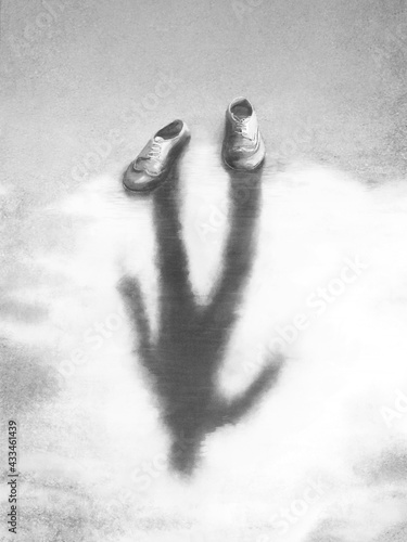 Foto illustration of man reflected in a puddle, surreal absence concept