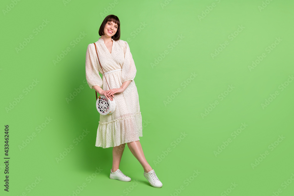 Full length body size photo of smiling woman in dotted dress wearing clutch isolated on pastel green color background Full length body size photo of smiling woman in dotted dress wearing clutch isolated on pastel green color background