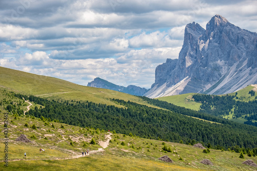 View of a hiking trail in the alps with mountain peaks