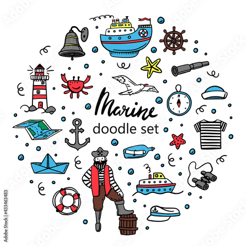 A set of simple marine illustrations. Hand-drawn doodles. A set of sea icons. Ships, lighthouse, sea, waves, seagulls, palm trees, islands, beach holidays, anchor, fish, pirate.