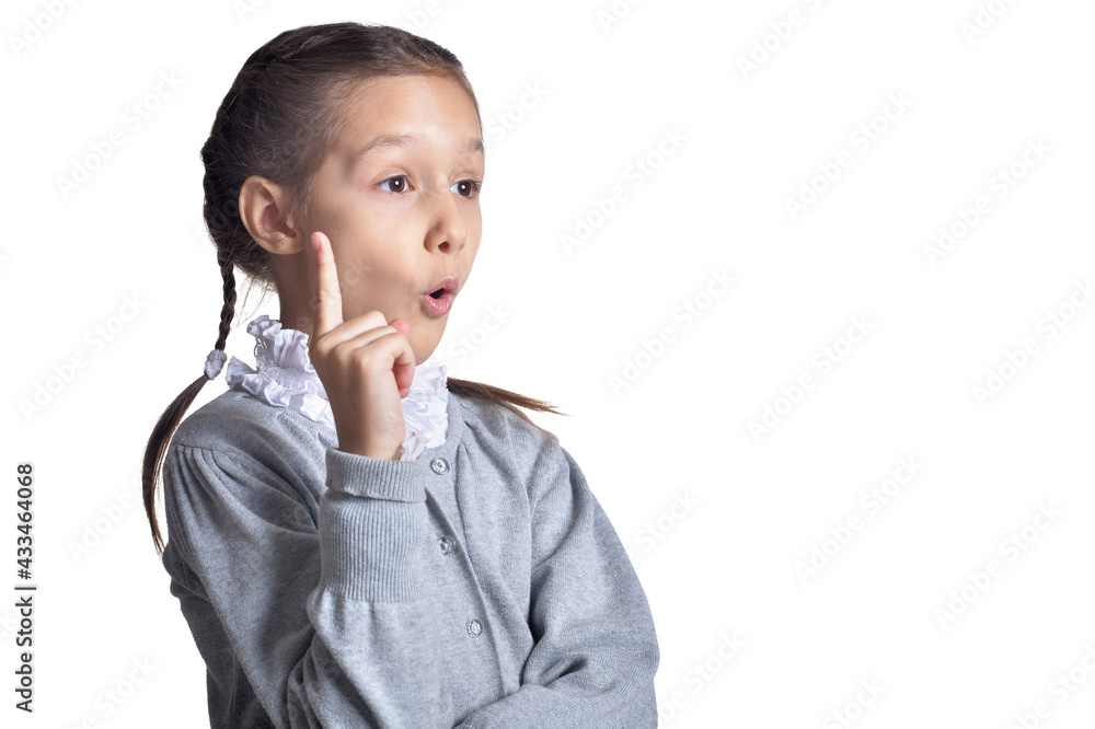 portrait of cute little girl pointing up portrait of cute little girl pointing up