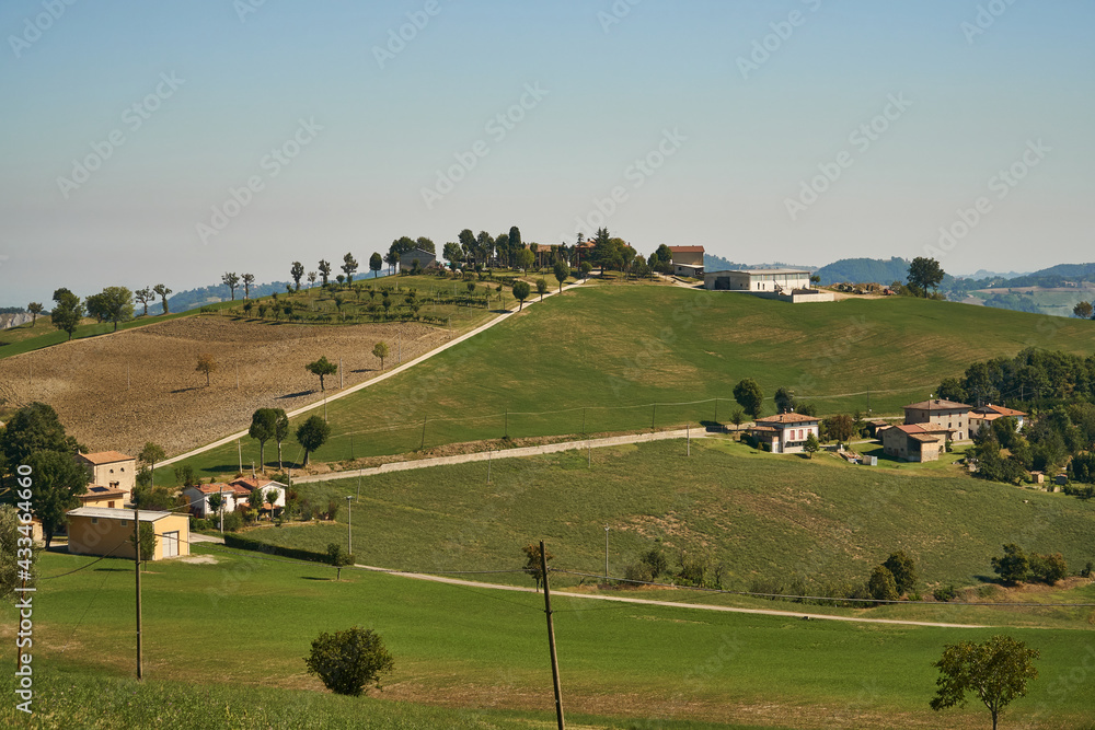 Farms on the hills in the province of Modena, Emilia-Romagna, Italy. 