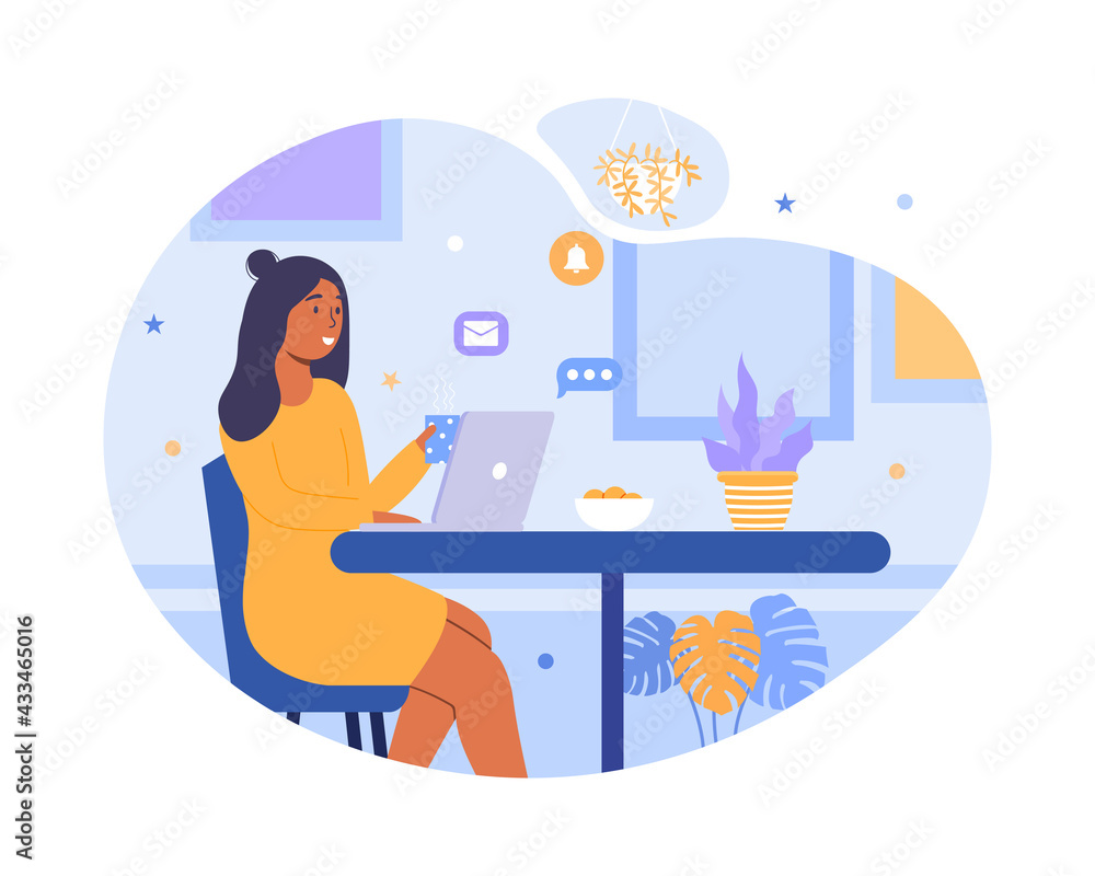 Fototapeta premium Girl using laptop working and drinking coffee